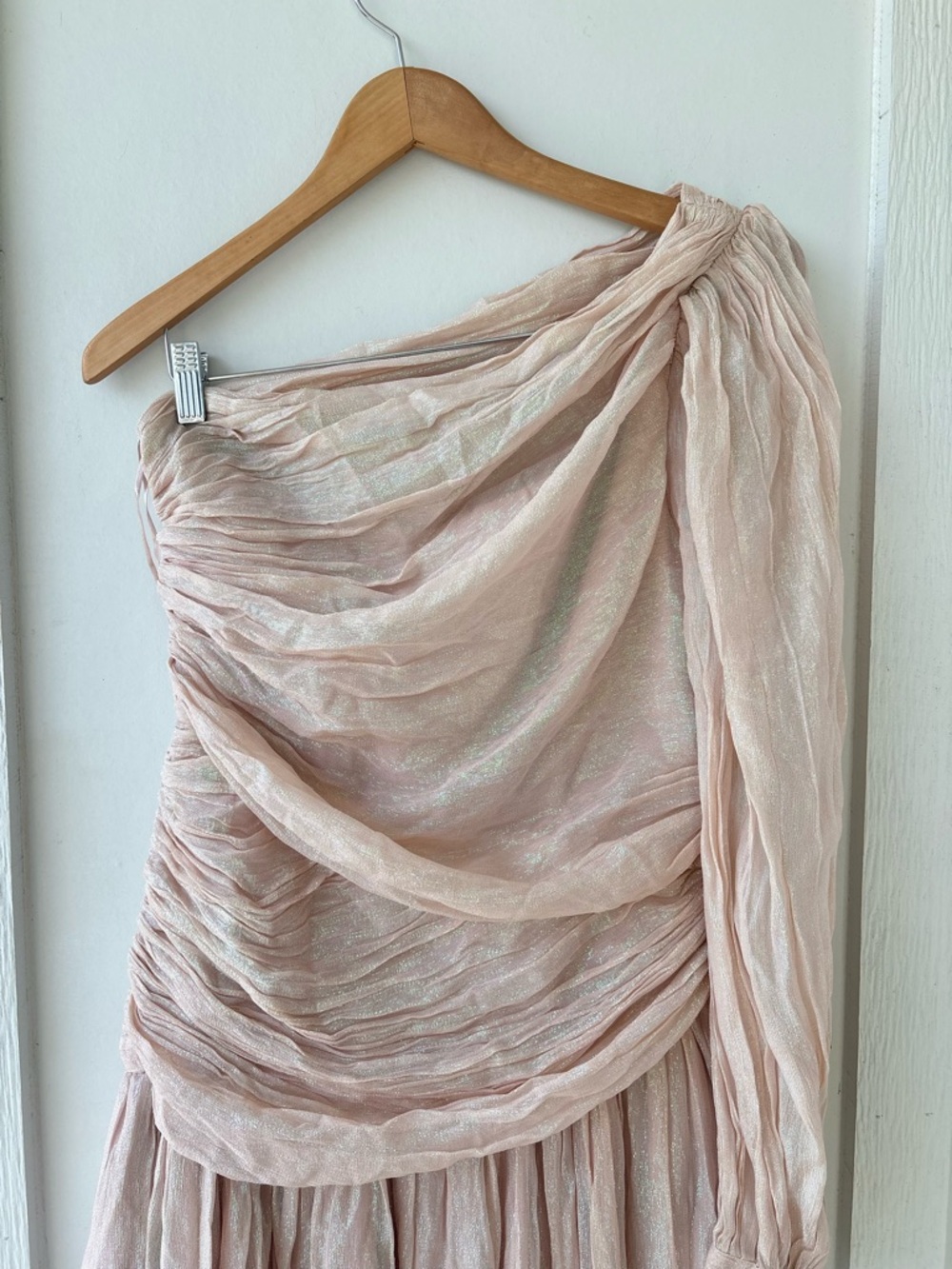 BHLDN Jade Metallic One-Shoulder Asymmetrical-Waist Gown Size 10 - Picture 6 of 12